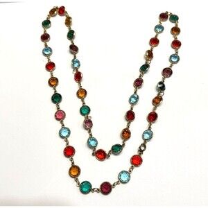 Vintage Bezel Crystal Necklace Multi Color Gold Tone Links 19" Colorful Glass